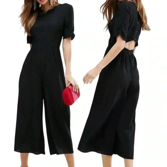 ASOS DESIGN Wide Leg Cut out Tea Jumpsuit with Ruched Sleeve Detail - Picture 1 of 8